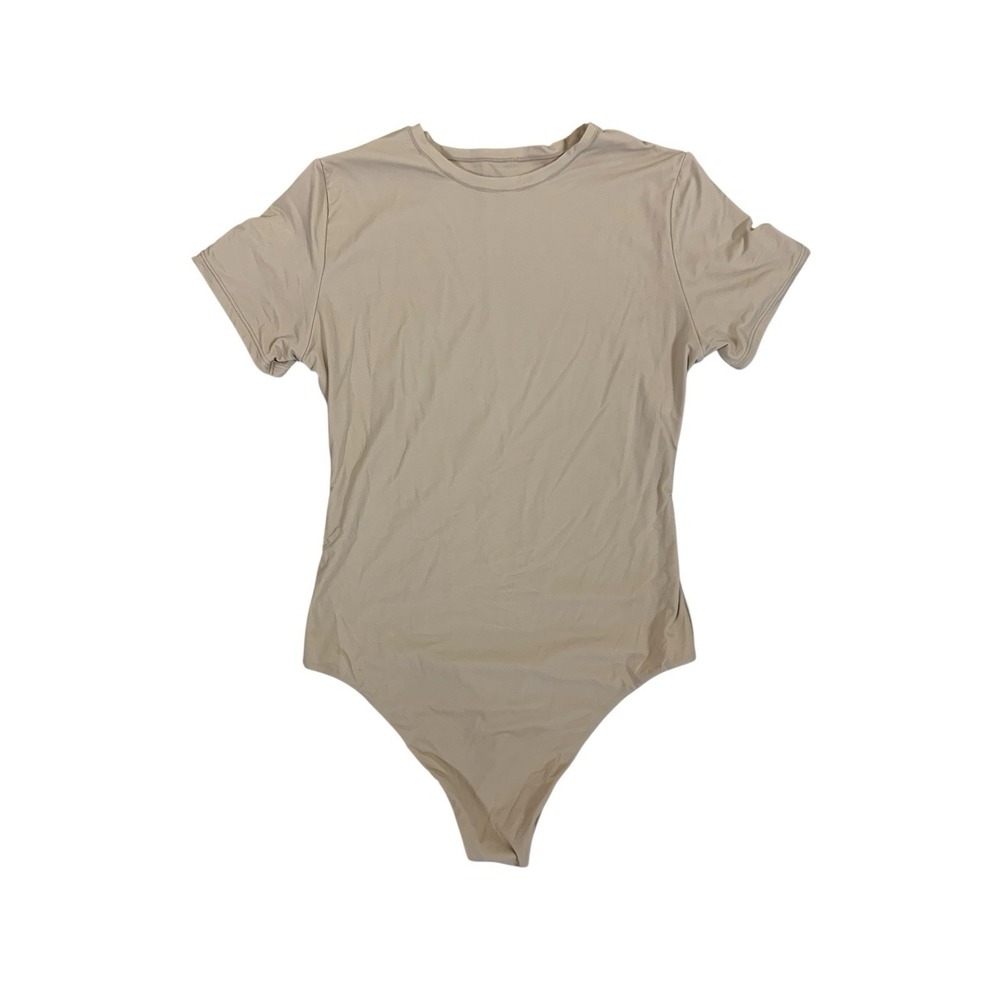 Auden Luxe Stretch Fully Lined Bodysuit Beige Nude Short Sleeve NWT Medium